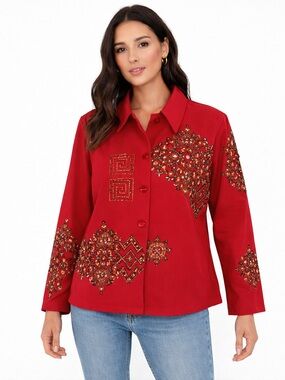 Vintage Embellished Red Button-Up Jacket Large